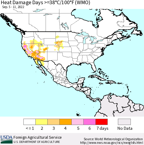 North America Heat Damage Days >=38°C/100°F (WMO) Thematic Map For 9/5/2022 - 9/11/2022