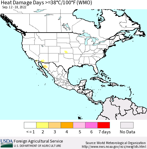 North America Heat Damage Days >=38°C/100°F (WMO) Thematic Map For 9/12/2022 - 9/18/2022