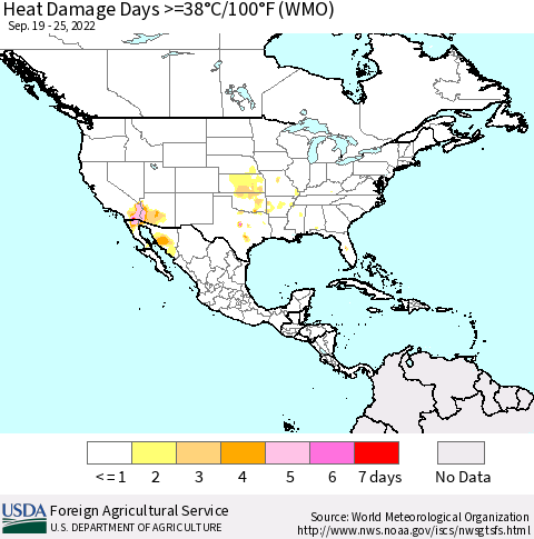 North America Heat Damage Days >=38°C/100°F (WMO) Thematic Map For 9/19/2022 - 9/25/2022