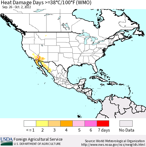 North America Heat Damage Days >=38°C/100°F (WMO) Thematic Map For 9/26/2022 - 10/2/2022