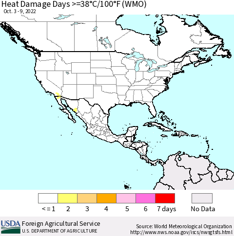 North America Heat Damage Days >=38°C/100°F (WMO) Thematic Map For 10/3/2022 - 10/9/2022