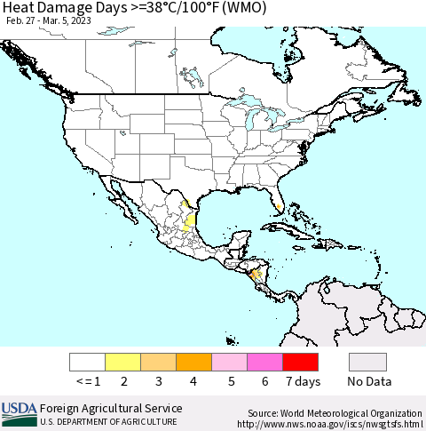 North America Heat Damage Days >=38°C/100°F (WMO) Thematic Map For 2/27/2023 - 3/5/2023