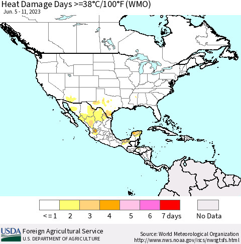 North America Heat Damage Days >=38°C/100°F (WMO) Thematic Map For 6/5/2023 - 6/11/2023