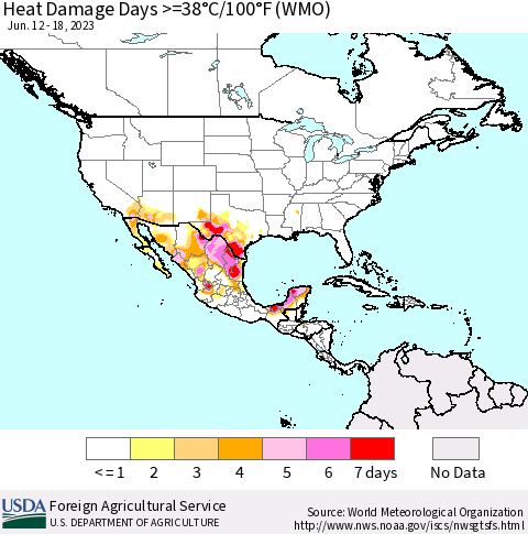 North America Heat Damage Days >=38°C/100°F (WMO) Thematic Map For 6/12/2023 - 6/18/2023