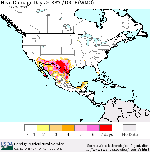 North America Heat Damage Days >=38°C/100°F (WMO) Thematic Map For 6/19/2023 - 6/25/2023