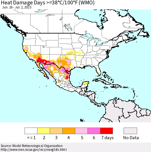North America Heat Damage Days >=38°C/100°F (WMO) Thematic Map For 6/26/2023 - 7/2/2023