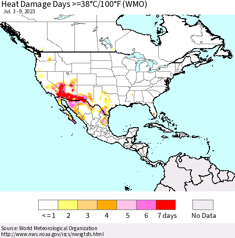 North America Heat Damage Days >=38°C/100°F (WMO) Thematic Map For 7/3/2023 - 7/9/2023