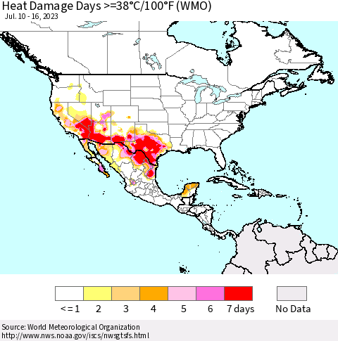 North America Heat Damage Days >=38°C/100°F (WMO) Thematic Map For 7/10/2023 - 7/16/2023