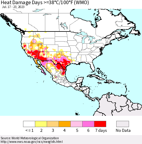 North America Heat Damage Days >=38°C/100°F (WMO) Thematic Map For 7/17/2023 - 7/23/2023