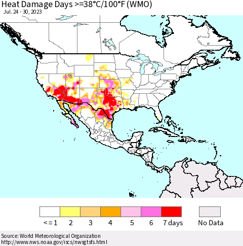 North America Heat Damage Days >=38°C/100°F (WMO) Thematic Map For 7/24/2023 - 7/30/2023