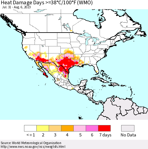 North America Heat Damage Days >=38°C/100°F (WMO) Thematic Map For 7/31/2023 - 8/6/2023