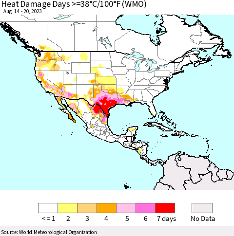 North America Heat Damage Days >=38°C/100°F (WMO) Thematic Map For 8/14/2023 - 8/20/2023