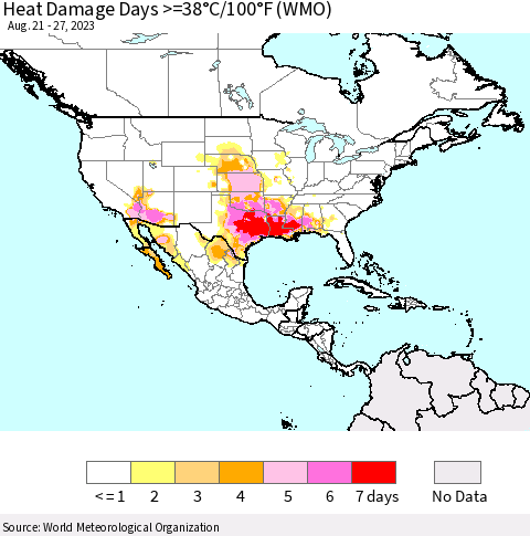North America Heat Damage Days >=38°C/100°F (WMO) Thematic Map For 8/21/2023 - 8/27/2023