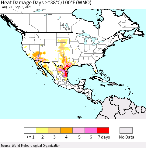 North America Heat Damage Days >=38°C/100°F (WMO) Thematic Map For 8/28/2023 - 9/3/2023