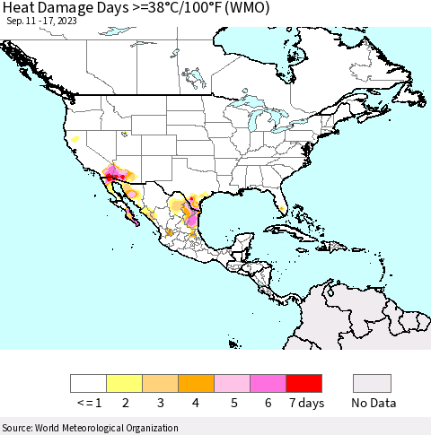 North America Heat Damage Days >=38°C/100°F (WMO) Thematic Map For 9/11/2023 - 9/17/2023