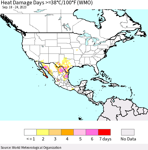 North America Heat Damage Days >=38°C/100°F (WMO) Thematic Map For 9/18/2023 - 9/24/2023
