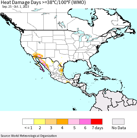 North America Heat Damage Days >=38°C/100°F (WMO) Thematic Map For 9/25/2023 - 10/1/2023