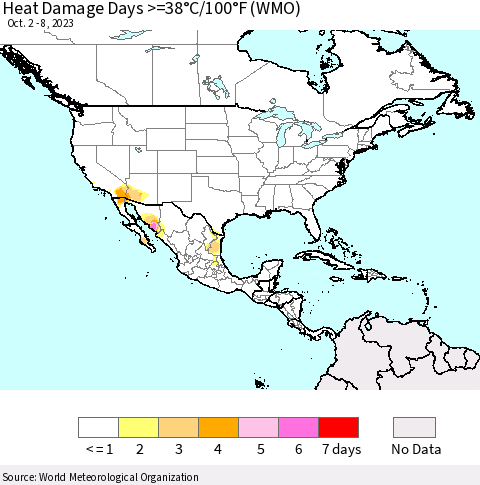 North America Heat Damage Days >=38°C/100°F (WMO) Thematic Map For 10/2/2023 - 10/8/2023