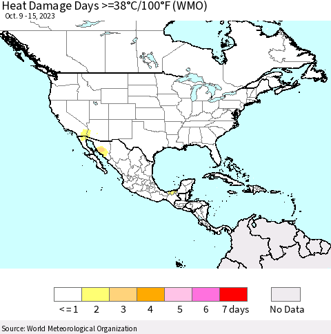 North America Heat Damage Days >=38°C/100°F (WMO) Thematic Map For 10/9/2023 - 10/15/2023