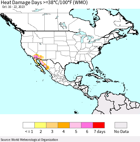 North America Heat Damage Days >=38°C/100°F (WMO) Thematic Map For 10/16/2023 - 10/22/2023