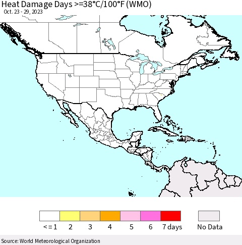 North America Heat Damage Days >=38°C/100°F (WMO) Thematic Map For 10/23/2023 - 10/29/2023
