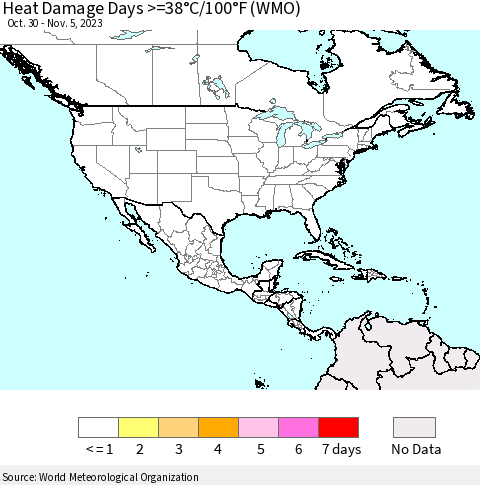 North America Heat Damage Days >=38°C/100°F (WMO) Thematic Map For 10/30/2023 - 11/5/2023
