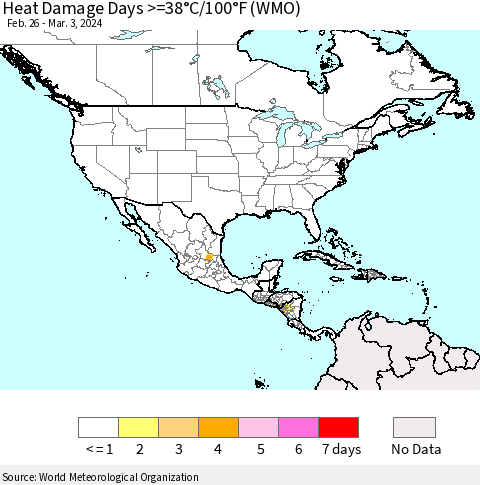 North America Heat Damage Days >=38°C/100°F (WMO) Thematic Map For 2/26/2024 - 3/3/2024