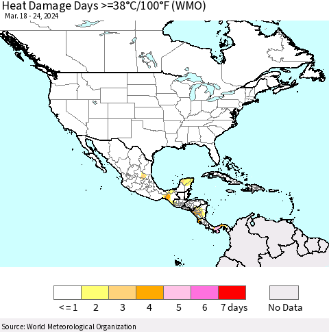 North America Heat Damage Days >=38°C/100°F (WMO) Thematic Map For 3/18/2024 - 3/24/2024
