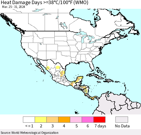 North America Heat Damage Days >=38°C/100°F (WMO) Thematic Map For 3/25/2024 - 3/31/2024