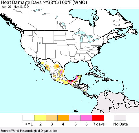 North America Heat Damage Days >=38°C/100°F (WMO) Thematic Map For 4/29/2024 - 5/5/2024