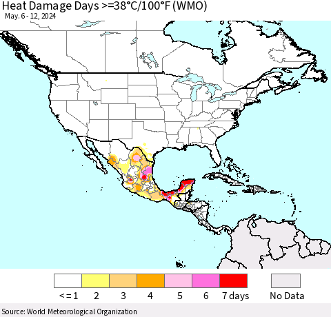 North America Heat Damage Days >=38°C/100°F (WMO) Thematic Map For 5/6/2024 - 5/12/2024