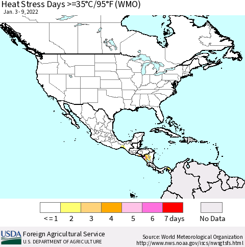 North America Heat Stress Days >=35°C/95°F (WMO) Thematic Map For 1/3/2022 - 1/9/2022