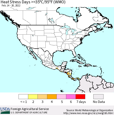 North America Heat Stress Days >=35°C/95°F (WMO) Thematic Map For 2/14/2022 - 2/20/2022