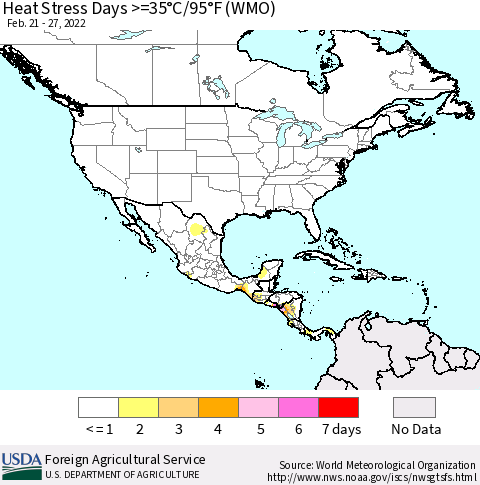 North America Heat Stress Days >=35°C/95°F (WMO) Thematic Map For 2/21/2022 - 2/27/2022