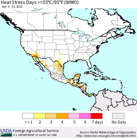 North America Heat Stress Days >=35°C/95°F (WMO) Thematic Map For 4/4/2022 - 4/10/2022