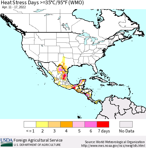 North America Heat Stress Days >=35°C/95°F (WMO) Thematic Map For 4/11/2022 - 4/17/2022