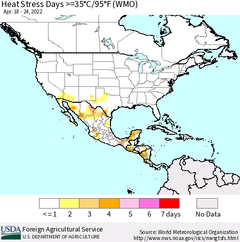 North America Heat Stress Days >=35°C/95°F (WMO) Thematic Map For 4/18/2022 - 4/24/2022