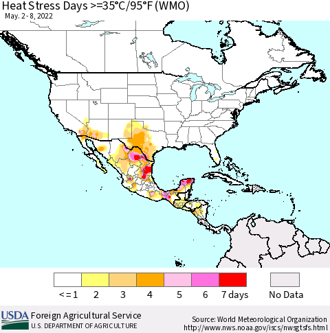 North America Heat Stress Days >=35°C/95°F (WMO) Thematic Map For 5/2/2022 - 5/8/2022