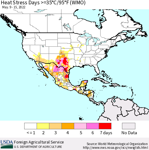 North America Heat Stress Days >=35°C/95°F (WMO) Thematic Map For 5/9/2022 - 5/15/2022