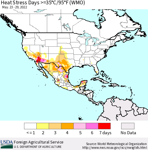 North America Heat Stress Days >=35°C/95°F (WMO) Thematic Map For 5/23/2022 - 5/29/2022