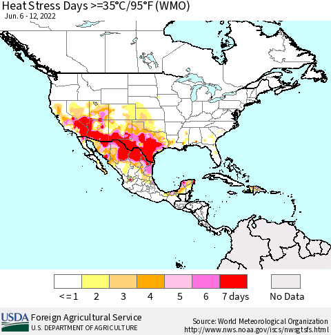 North America Heat Stress Days >=35°C/95°F (WMO) Thematic Map For 6/6/2022 - 6/12/2022
