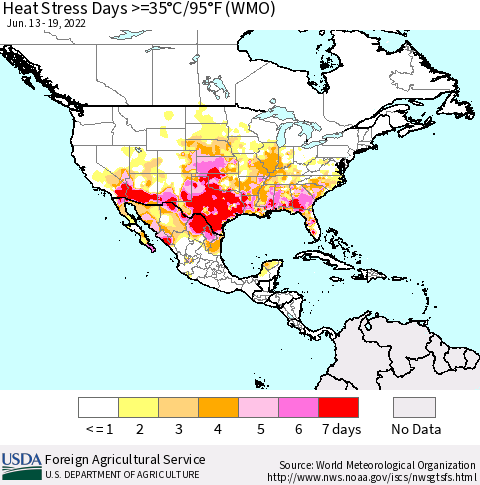 North America Heat Stress Days >=35°C/95°F (WMO) Thematic Map For 6/13/2022 - 6/19/2022