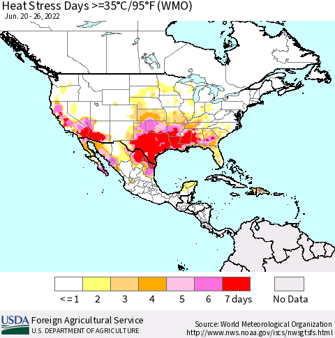 North America Heat Stress Days >=35°C/95°F (WMO) Thematic Map For 6/20/2022 - 6/26/2022