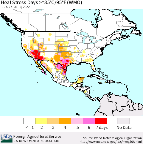 North America Heat Stress Days >=35°C/95°F (WMO) Thematic Map For 6/27/2022 - 7/3/2022