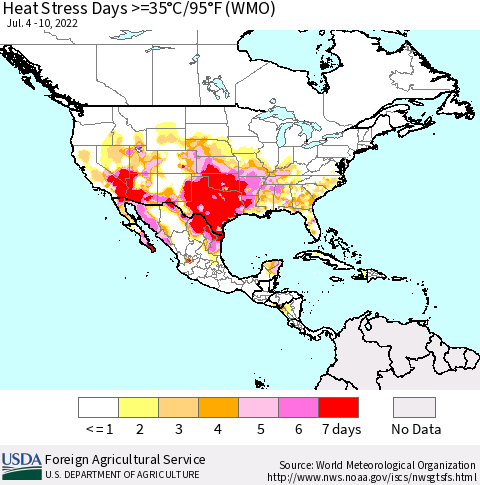 North America Heat Stress Days >=35°C/95°F (WMO) Thematic Map For 7/4/2022 - 7/10/2022