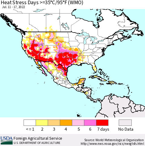 North America Heat Stress Days >=35°C/95°F (WMO) Thematic Map For 7/11/2022 - 7/17/2022
