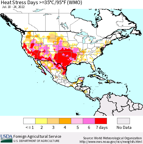 North America Heat Stress Days >=35°C/95°F (WMO) Thematic Map For 7/18/2022 - 7/24/2022