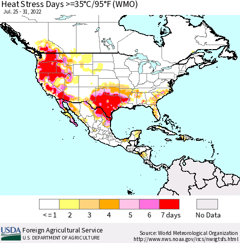 North America Heat Stress Days >=35°C/95°F (WMO) Thematic Map For 7/25/2022 - 7/31/2022