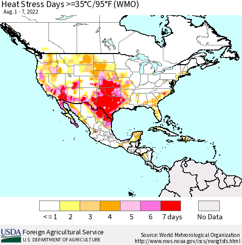 North America Heat Stress Days >=35°C/95°F (WMO) Thematic Map For 8/1/2022 - 8/7/2022