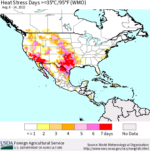 North America Heat Stress Days >=35°C/95°F (WMO) Thematic Map For 8/8/2022 - 8/14/2022